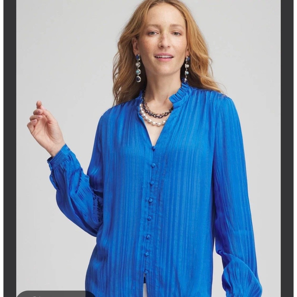 Chicos 4 2XL 20 Georgette Blouse Top Shadow Stripe Ruffle Neck Turkish Sea Blue